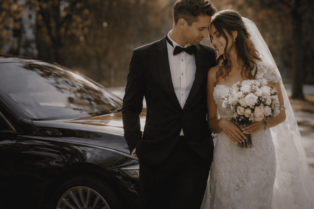 newlyweds by a luxury car